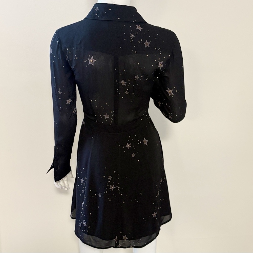 A.L.C. Silk Black Star Celestial Print Long Sleeve Button Down Mini Dress - Picture 4 of 7